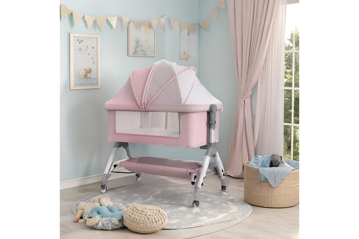 Baby Cot Bed Crib Portable Bassinet Safety Fence Adjustable Bedside Pink