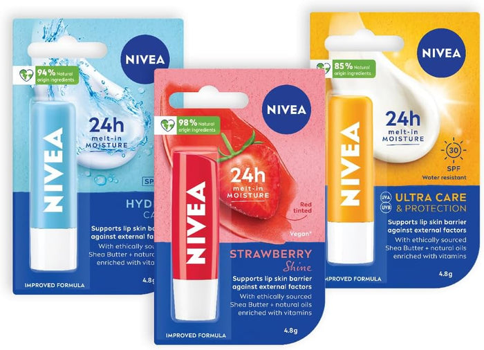 NIVEA Lip Balm Trio Value Bundle (3 Piece) | Includes: Hydrocare, Strawberry Shine & Ultra Care SPF 30+ | 24-Hour Melt-In Moisture | Enriched With Shea Butter & Natural Oils