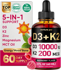 Venture Pal 5-in-1 Vitamin D3 10000 IU & K2 as MK-7 200mcg with Magnesium, MCT Oil, Zinc, Sugar-Free Vitamin D Liquid |Maximum Absorption for Bone, Mood & Immune Health - 2 FL OZ, 60 Days