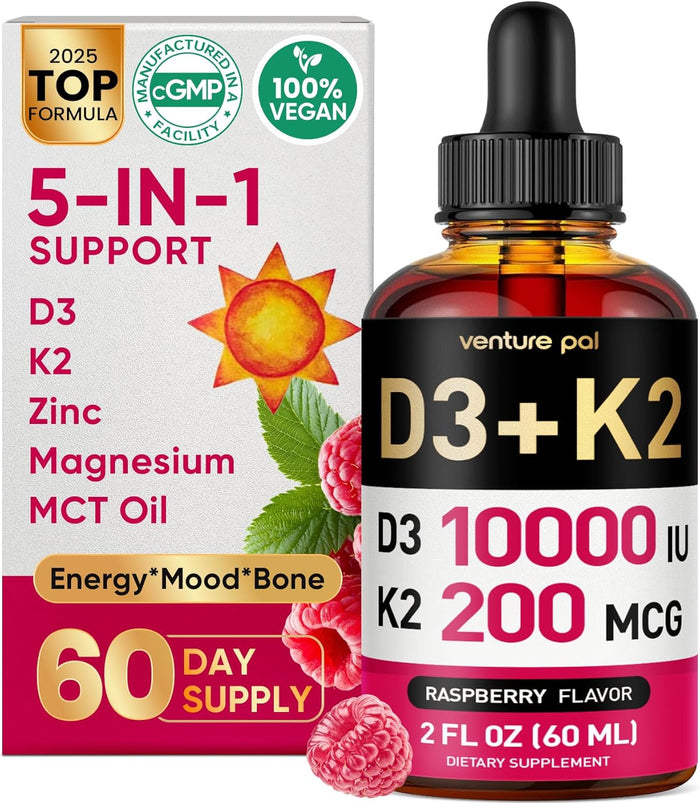 Venture Pal 5-in-1 Vitamin D3 10000 IU & K2 as MK-7 200mcg with Magnesium, MCT Oil, Zinc, Sugar-Free Vitamin D Liquid |Maximum Absorption for Bone, Mood & Immune Health - 2 FL OZ, 60 Days