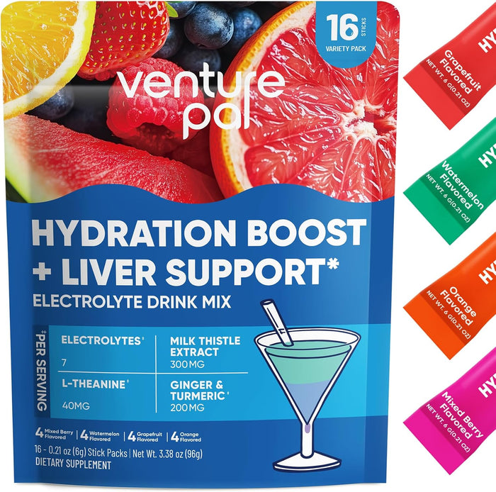 Venture Pal Hydration Packets + Liver Support- Liquid Daily IV Electrolyte Powder Packets with 7 Electrolytes & 5 Vitamins, Milk Thistle + L-Theanine | Sugar-Free | Keto Friendly | Vegan, 16 Sticks