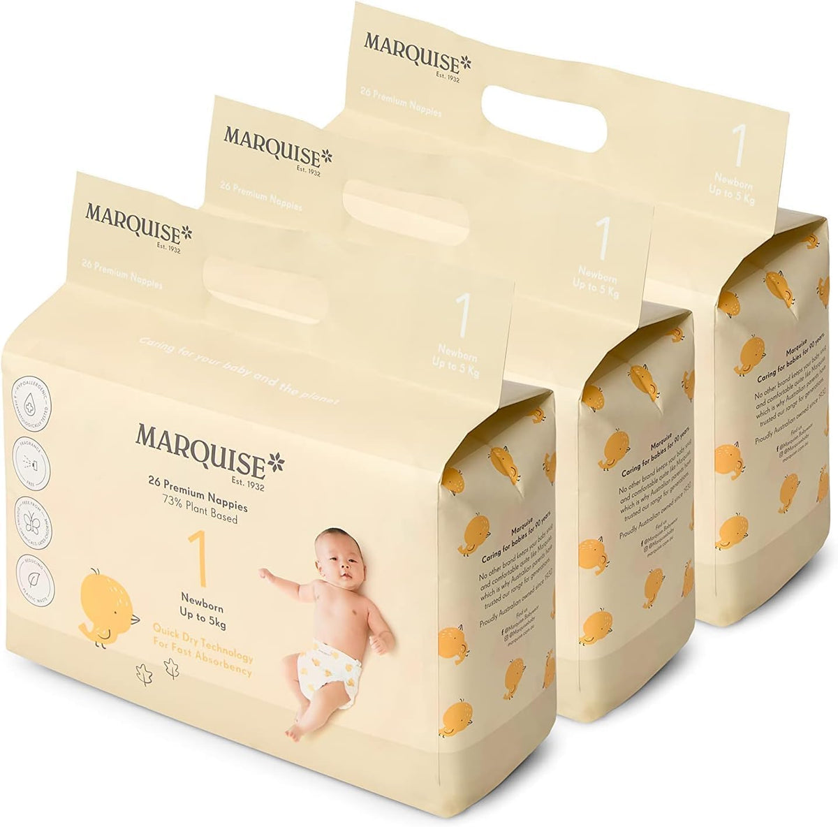 Marquise Baby Eco Nappies for Up to 5 kg Newborn, Size 1 (Pack of 3)