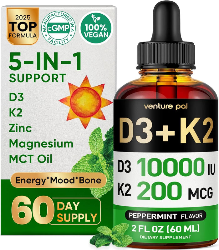 Venture Pal 5-in-1 Vitamin D3 10000 IU & K2 as MK-7 200mcg with Magnesium, MCT Oil, Zinc, Sugar-Free Vitamin D Liquid |Maximum Absorption for Bone, Mood & Immune Health - 2 FL OZ, 60 Days