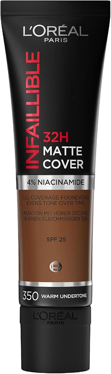 L'Oréal Paris Make-up, waterproof and long-lasting, matting, liquid foundation with high coverage, formula with 4% niacinamide, infaillible 32H matte cover, no. 350 warm, 1 x 30 ml