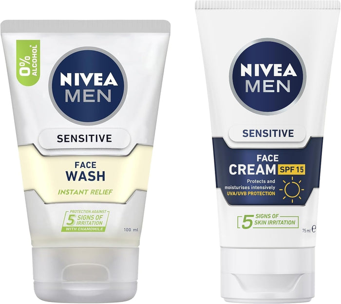 NIVEA MEN Sensitive Skin Care Value Pack (2 Piece) | Includes: Men's Face Wash 100ml & Sensitive Protective Face Cream 50ml | Enriched With Vitamin E & Chamomile | Sensitive Skincare Set for Men