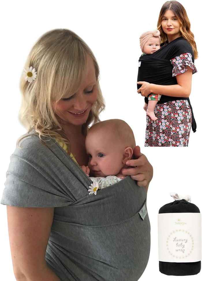 Certified Organic Baby Wrap Carrier, GOTS Organic, Small/Medium or Plus Size, Black or Grey, CPSC Safety Tested