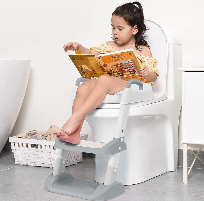 Potty Training Seat with Step Stool Ladder, Toilet for Boys Girls Toddlers-Comfortable Kids Potty Seat with Anti-Slip Safe Pads Ladder (Grey)