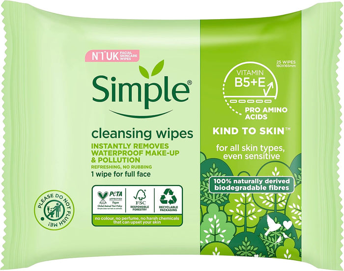 Simple, Kind to Skin, Biodegradable Cleansing Wipes with Vitamin B5, Vitamin E and Pro Amino Acids, 25 Pack