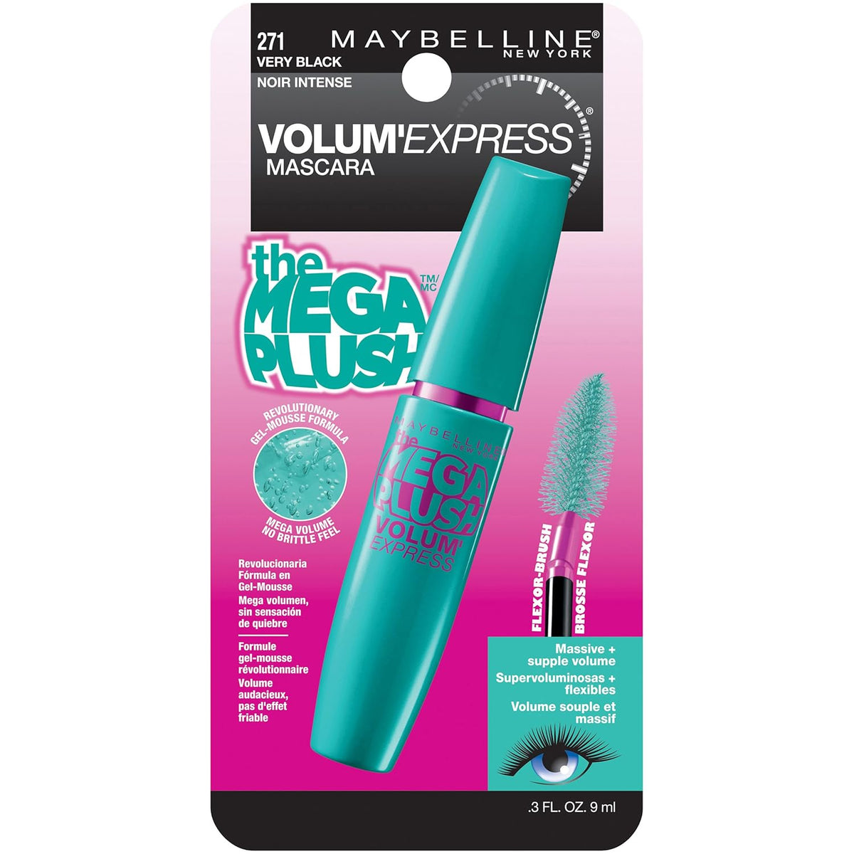 Maybelline New York Volume Express Mega Plush Washable Mascara, Very Black, 0.3 Fluid Ounce