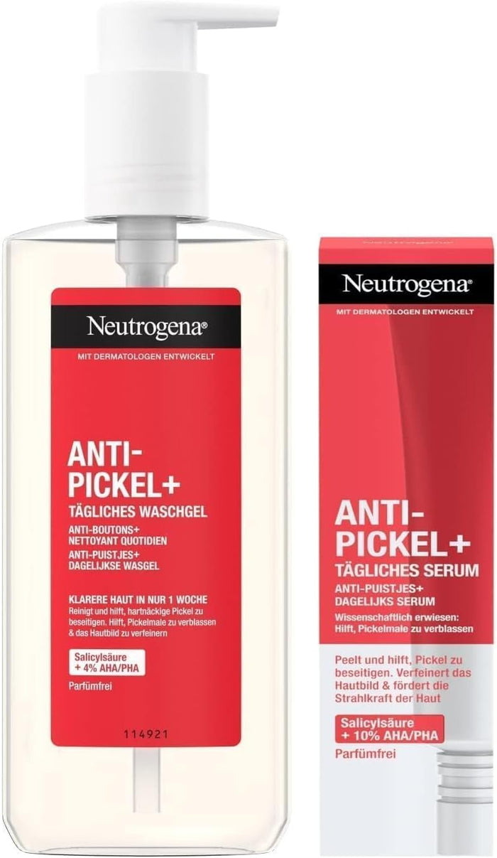 Neutrogena Anti-Pimples + Daily Wash Gel (200 ml) & Daily Serum (30 ml), Skin Clarifying Facial Cleansing & Facial Care Set with Cleansing Salicylic Acid + AHA/PHA Mix Against Pimples