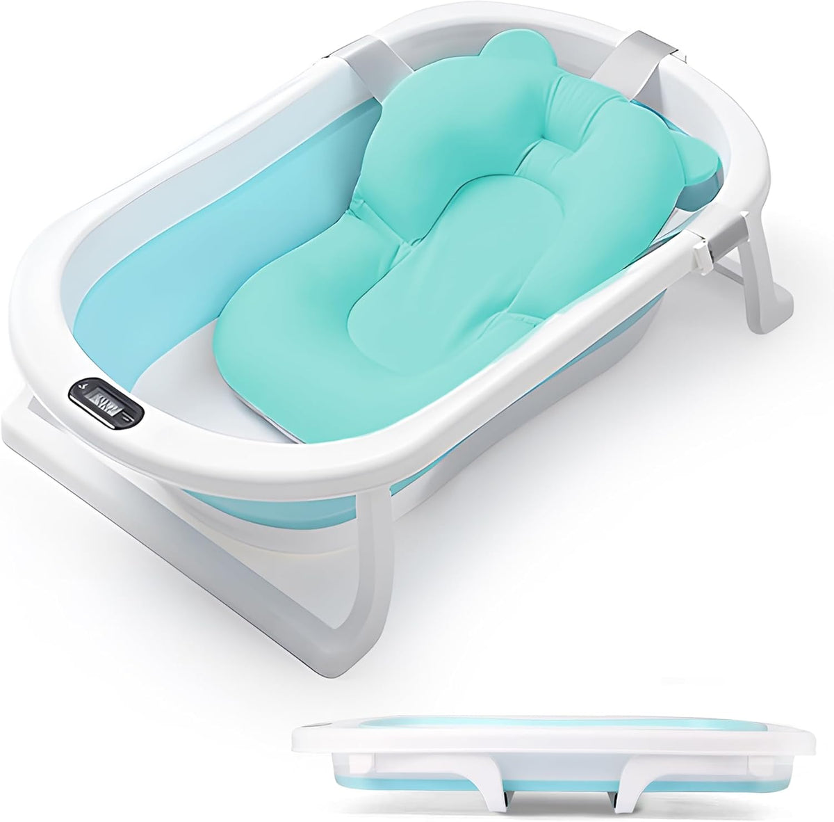 Baby Bath Tub, Baby Bathtub with Water Temperature Sensor for Newborn, Timkos Collapsible Bath for Travel, Baby Bath Seat with Support Pad and Thermometer (Blue)