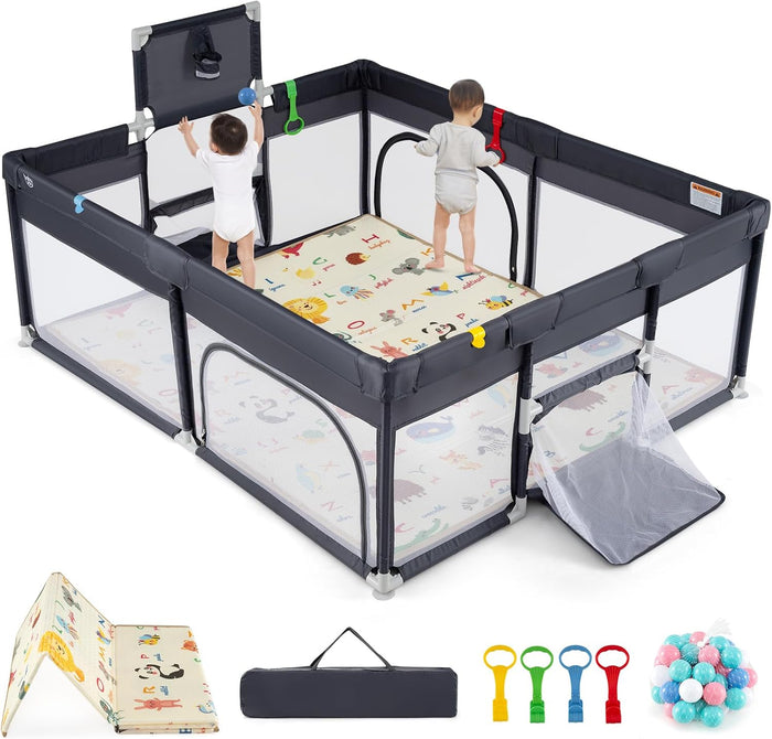 BABY JOY Baby Playpen with Double-Sided Mat, 185 x 155cm Baby Playard w/Basketball Hoop