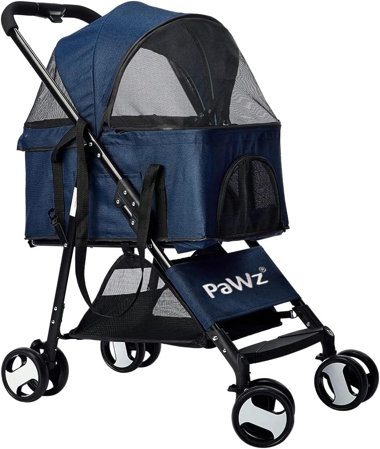 PaWz Large Pet Stroller Dog Cat Carrier Travel Pushchair Foldable Pram 4 Wheels Blue, Travel Pram, Dog Cat Trolley, Detachable Design Baby Pet Travel Stroller, Removable and Washable Padded