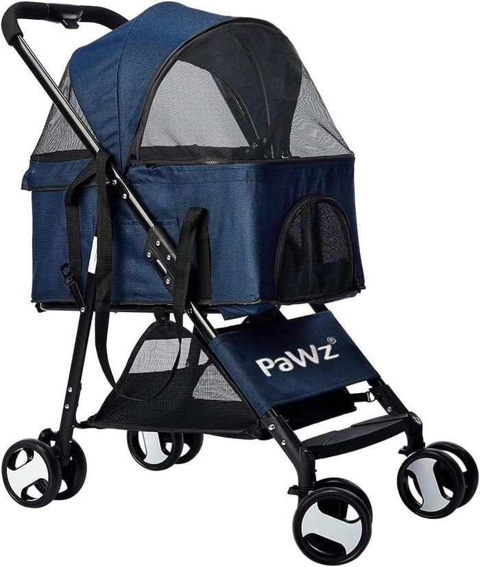 PaWz Large Pet Stroller Dog Cat Carrier Travel Pushchair Foldable Pram 4 Wheels Blue, Travel Pram, Dog Cat Trolley, Detachable Design Baby Pet Travel Stroller, Removable and Washable Padded