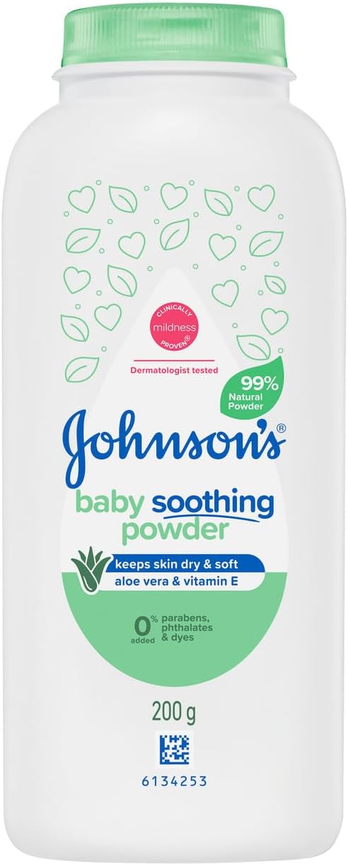 Johnson’s Baby Pure Cornstarch Aloe & VIT E Soothing Moisture Absorbing Baby Powder 200g|99% natural, plant-based cornstarch|Keep skin dry & soft, prevents heat rash & chafing|Suitable for adults & babies