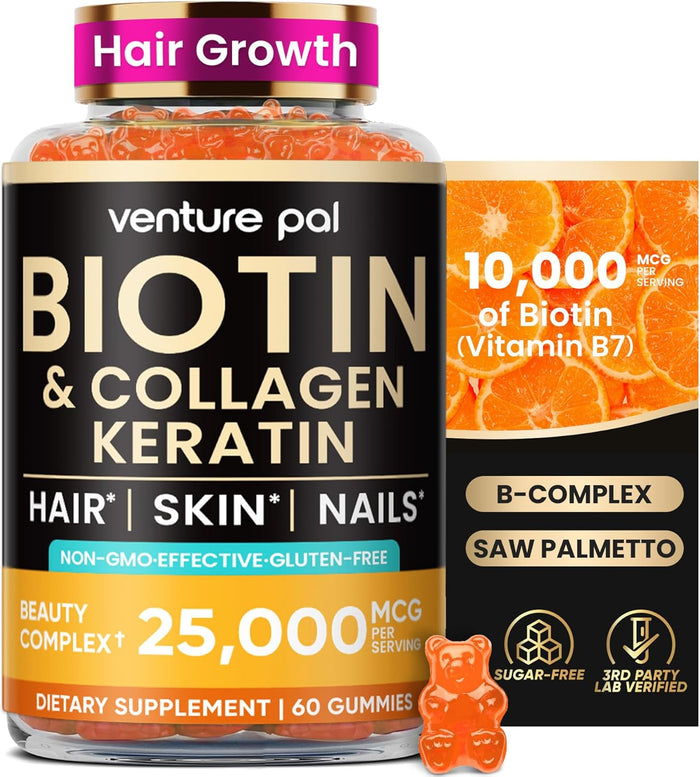 Venture Pal Biotin Gummies with Collagen & Keratin - Hair Growth Support Skin and Nail Strength Vitamins for Women & Men - Biotin 10000mcg | B-Complex | Saw Palmetto - Sugar Free, Non-GMO, 60ct