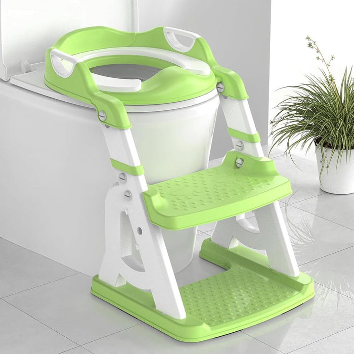 Potty Training Seat with Step Stool Ladder, Foldable Potty Training Toilet with Triangle Body Design Ladder, Slip Steps Soft Pad for Kids(Green)