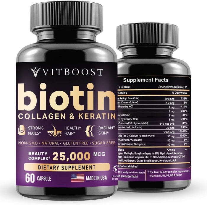 Biotin with Hyaluronic Acid, Collagen and Keratin – 25000 mcg Hair Growth Vitamins for Men- 60 Capsules