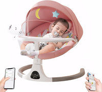 OKUYOSHI Baby Swing with Dinner Tray, New Born Baby Rocker Chair with 3 Timing, 5 Sway Angles (Pink)