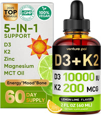 Venture Pal 5-in-1 Vitamin D3 10000 IU & K2 as MK-7 200mcg with Magnesium, MCT Oil, Zinc, Sugar-Free Vitamin D Liquid |Maximum Absorption for Bone, Mood & Immune Health - 2 FL OZ, 60 Days
