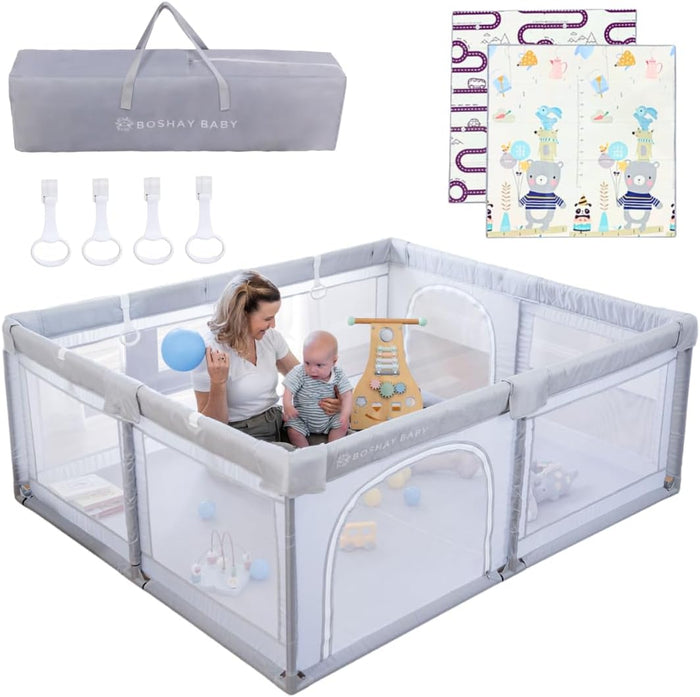 BABY Large Grey Playpen with Mat (Roads/Bears), 1.8m x 1.5m Large Playpen in Grey