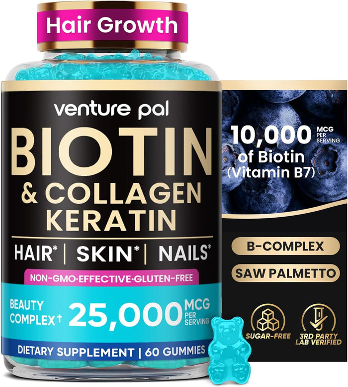 Venture Pal Biotin Gummies with Collagen & Keratin - Hair Growth Support Skin and Nail Strength Vitamins for Women & Men - Biotin 10000mcg | B-Complex | Saw Palmetto - Sugar Free, Non-GMO, 60ct