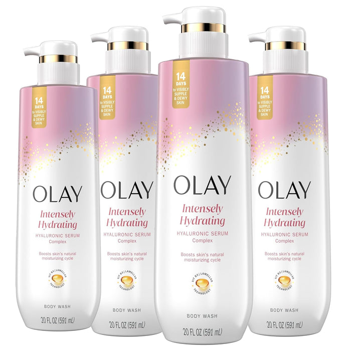 Olay Body Wash for Women, Intensely Hydrating, Hyaluronic Acid Serum Complex, Renews Moisture, Vitamin B3 Lameller Technology, For All Skin Types, 20 fl oz (Pack of 4)