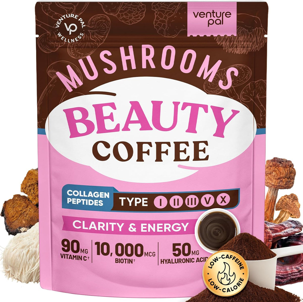 Venture Pal Premium Adaptogenic Mushroom Coffee with Multi Collagen, Lions Mane, Reishi, Chaga, Biotin, Vitamin C – Supports Energy, Focus, Skin, Hair, Nails, Joints, Digestion & Immunity,30 Servings