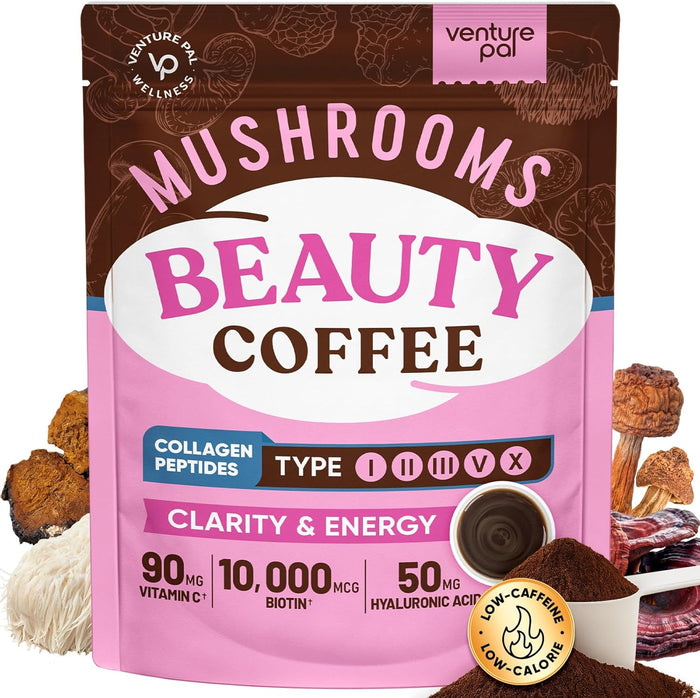 Venture Pal Premium Adaptogenic Mushroom Coffee with Multi Collagen, Lions Mane, Reishi, Chaga, Biotin, Vitamin C – Supports Energy, Focus, Skin, Hair, Nails, Joints, Digestion & Immunity,30 Servings