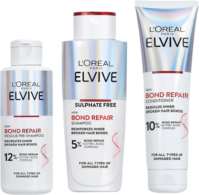 L'Oréal Paris Elvive Bond Repair Trio Bundle, Rescue Pre-Shampoo Treatment, Shampoo and Conditioner, With Citric Acid, For All Types Of Damaged Hair