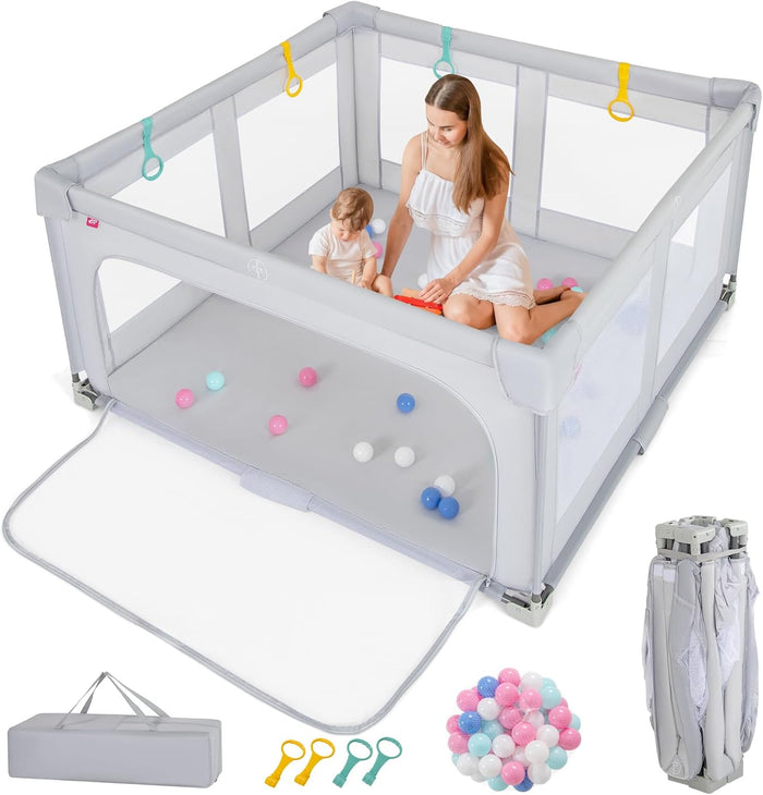 BABY JOY Baby Playpen 150 x 150 cm, BPA-Free Foldable Toddlers Safety Fence Play Yard with Zipper Gate, 50 Ocean Balls and 4 Pull-up Ring