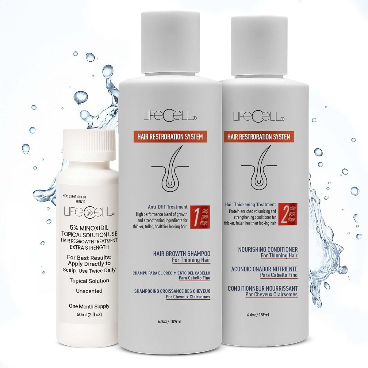 LifeCell Hair Restoration System for Women 2% – Hair Growth Treatment with Minoxidil, Anti-DHT Shampoo & Conditioner – Thicker, Fuller Hair – Supports Scalp Health & Hair Regrowth – 16.8 Fl Oz