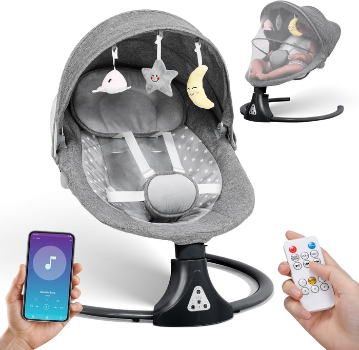 Electric Baby Swing Chair with Bluetooth Remote Control | Cordless 5-Speed Levels 12 Lullabies & 3 Timers | 3 Adjustable Angles - Rocking Chair for Newborn | Gray