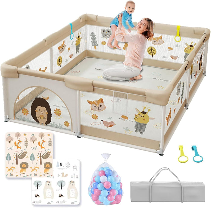 LIODUX Baby Playpen with Mat - 180 x 200cm, Baby Fence Play Area