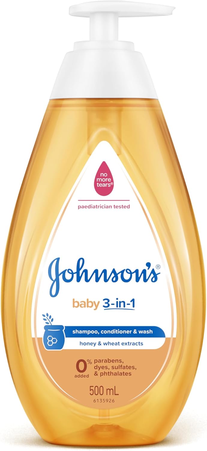 Johnson's Baby 3-in-1 Hypoallergenic Gentle Tear-Free Conditioning Baby Shampoo & Cleansing Wash 500mL|With honey & wheat extracts for soft, manageable hair| Leaves hair smelling fresh, moisturised & looking shiny