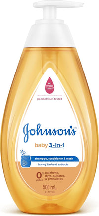 Johnson's Baby 3-in-1 Hypoallergenic Gentle Tear-Free Conditioning Baby Shampoo & Cleansing Wash 500mL|With honey & wheat extracts for soft, manageable hair| Leaves hair smelling fresh, moisturised & looking shiny