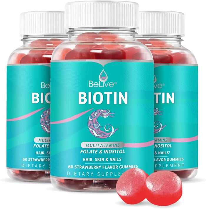 BeLive Biotin Gummies - Skin, Nails & Hair Vitamins with A, C, D, E, B12, Zinc,| 3-Pack-USA Made