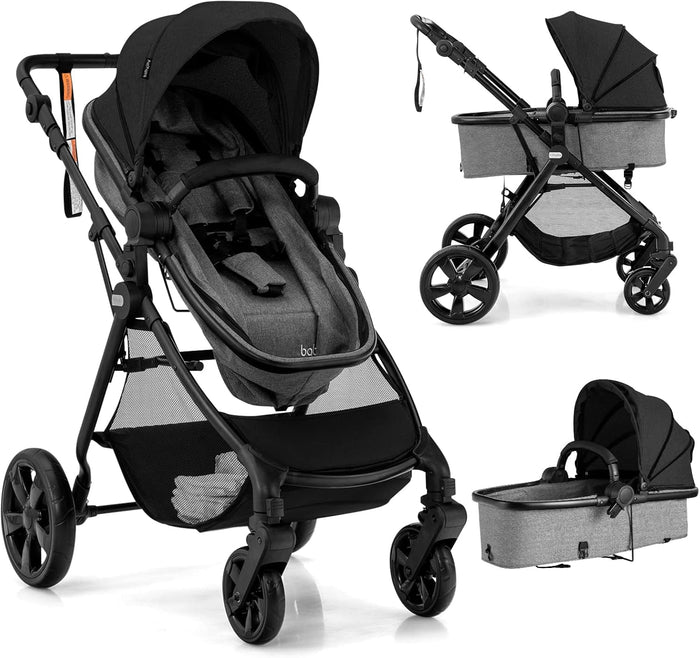 High Landscape Baby Stroller, 2 in 1 Convertible Baby Pram Jogger with Adjustable Canopy (Black)