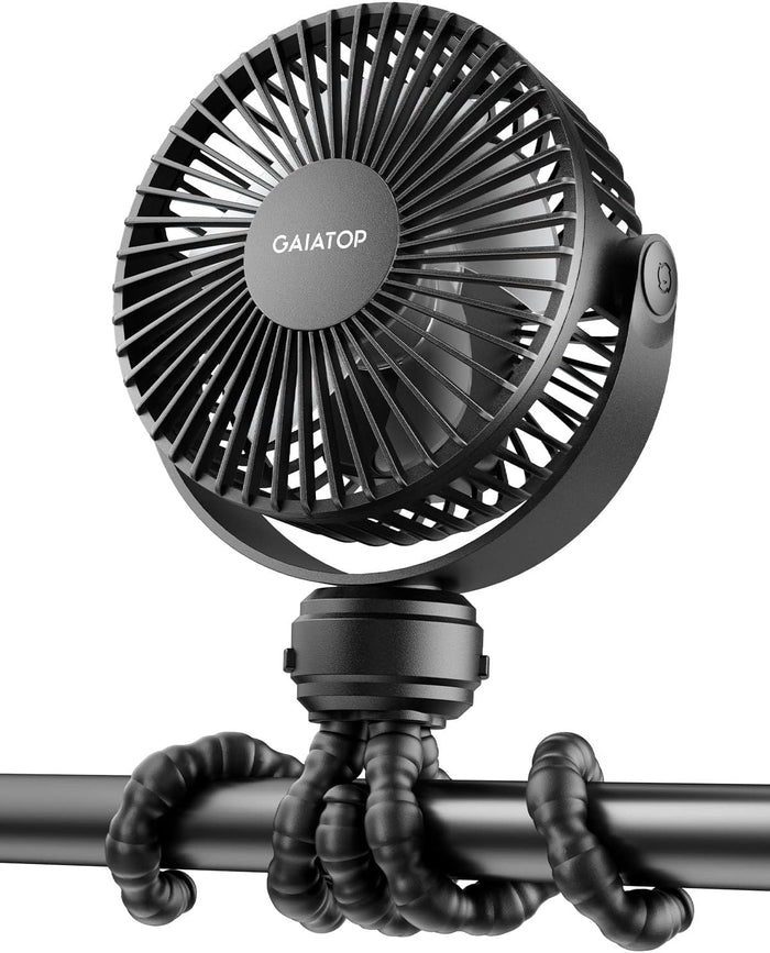 Gaiatop Mini Portable Stroller Fan, Battery Operated Small Clip on Fan, Detachable 3 Speed Rechargeable 360° Rotate Flexible Tripod Cooling Fan for Car Seat Crib Treadmill Travel Black