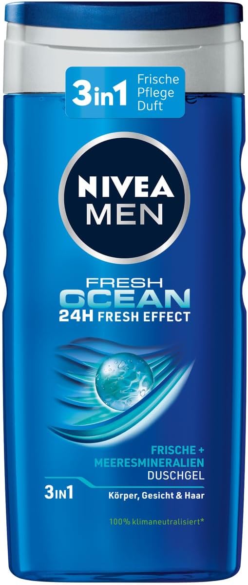 NIVEA MEN Fresh Ocean Shower Gel (250 ml), Revitalising Shower Gel with Ocean Fresh Fragrance, Men's Shower Gel with Sea Minerals for Body, Face and Hair
