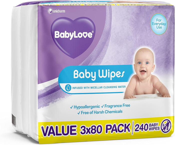 BabyLove 720 Piece (3 Pack x 240) Everyday Fragrance Free Hypoallergenic Wipes