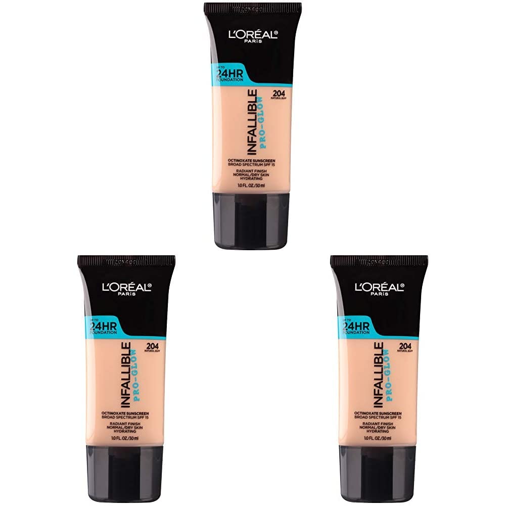 L’Oréal Paris Makeup Infallible Up to 24HR Pro-Glow Foundation, 204 Natural Buff, 1 fl; oz. (Pack of 3)