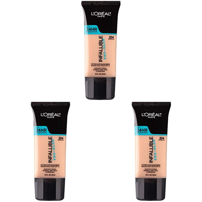 L’Oréal Paris Makeup Infallible Up to 24HR Pro-Glow Foundation, 204 Natural Buff, 1 fl; oz. (Pack of 3)