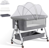 TFMODBFA Baby Bassinet with Mattress,3-in-1 Bedside Bassinets with 6 Height Adjustable,Rocking Crib with Mosquito Net and Basket Freely Movable Indoors,Suitable for Babies 0-18 Months Old (Gray)