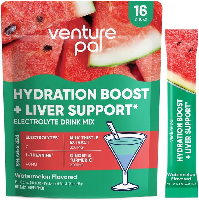 Venture Pal Hydration Packets + Liver Support- Liquid Daily IV Electrolyte Powder Packets with 7 Electrolytes & 5 Vitamins, Milk Thistle + L-Theanine | Sugar-Free | Keto Friendly | Vegan, 16 Sticks