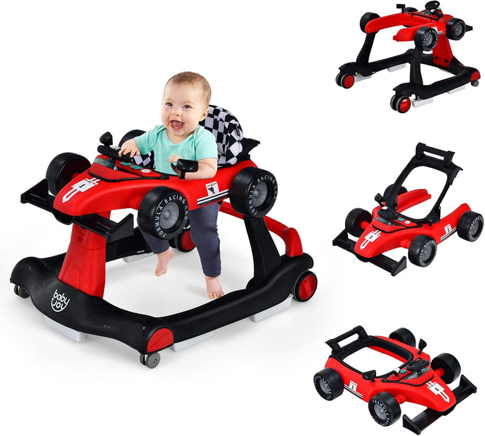 BABY JOY 4-in-1 Baby Walker, Foldable Activity Car Baby Walker w/3 Adjustable Height (Red)