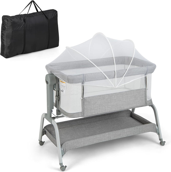 BABY JOY 4 in 1 Baby Bassinet with Mattress, Baby Bedside Sleeper w/Rocking Mode, 6 Adjustable Height, Mosquito Net & Lockable Wheels, Portable Baby Cradle Travel Crib w/Carry Bag (Light Grey)