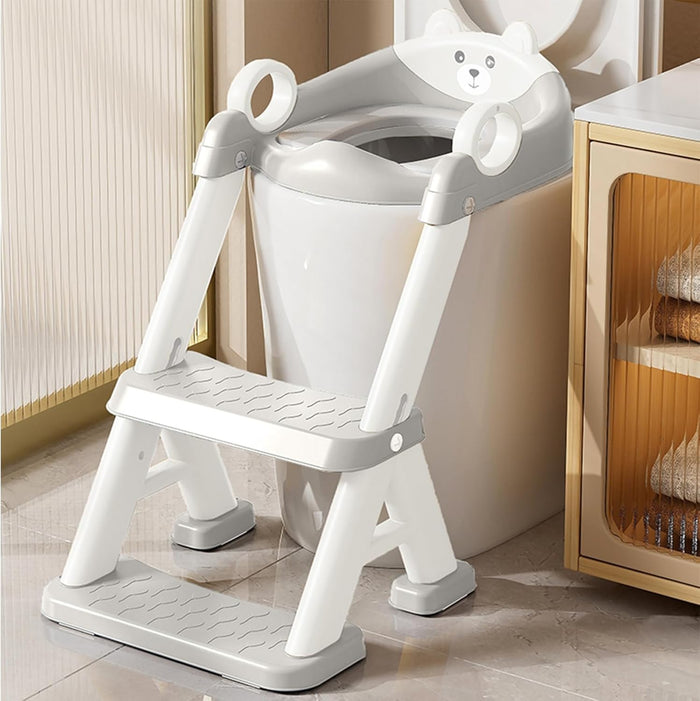 Toilet Potty Training Seat with Step Stool Ladder, Comfortable Safe Potty Seat with Anti-Slip Pads Ladder & Bear-Grey