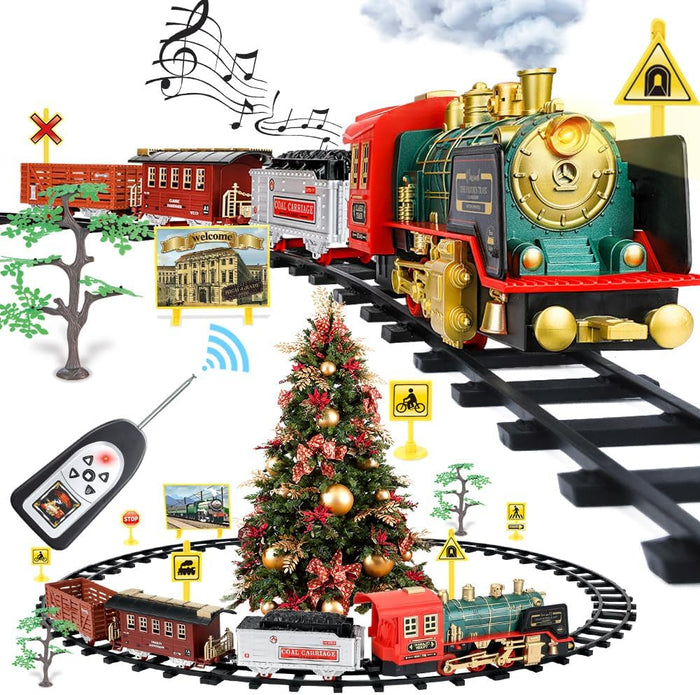 Remote Control Train Set,Sound and Lights Smoke Steam Locomotive Engine Train,Christmas Tree for 3 4 5 6 7 8+ Year