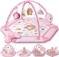 Baby Gym Play Mat, 8-in-1 Tummy Time Mat & Ball Pit with 6 Toys (Pink)